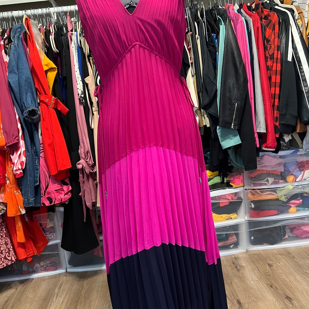 Elegant Pink and Navy Pleated Dress